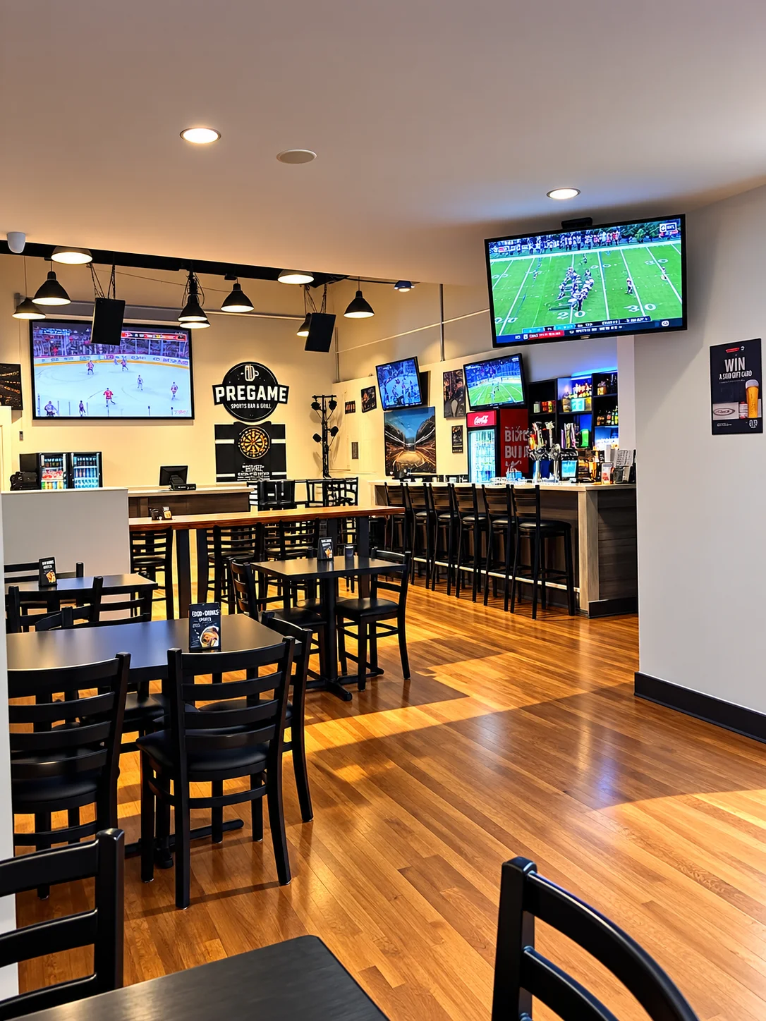 Inside Pregame Sports Bar & Lounge in St. Boniface, Winnipeg &mdash; TVs tuned to the game, the dart board and seating